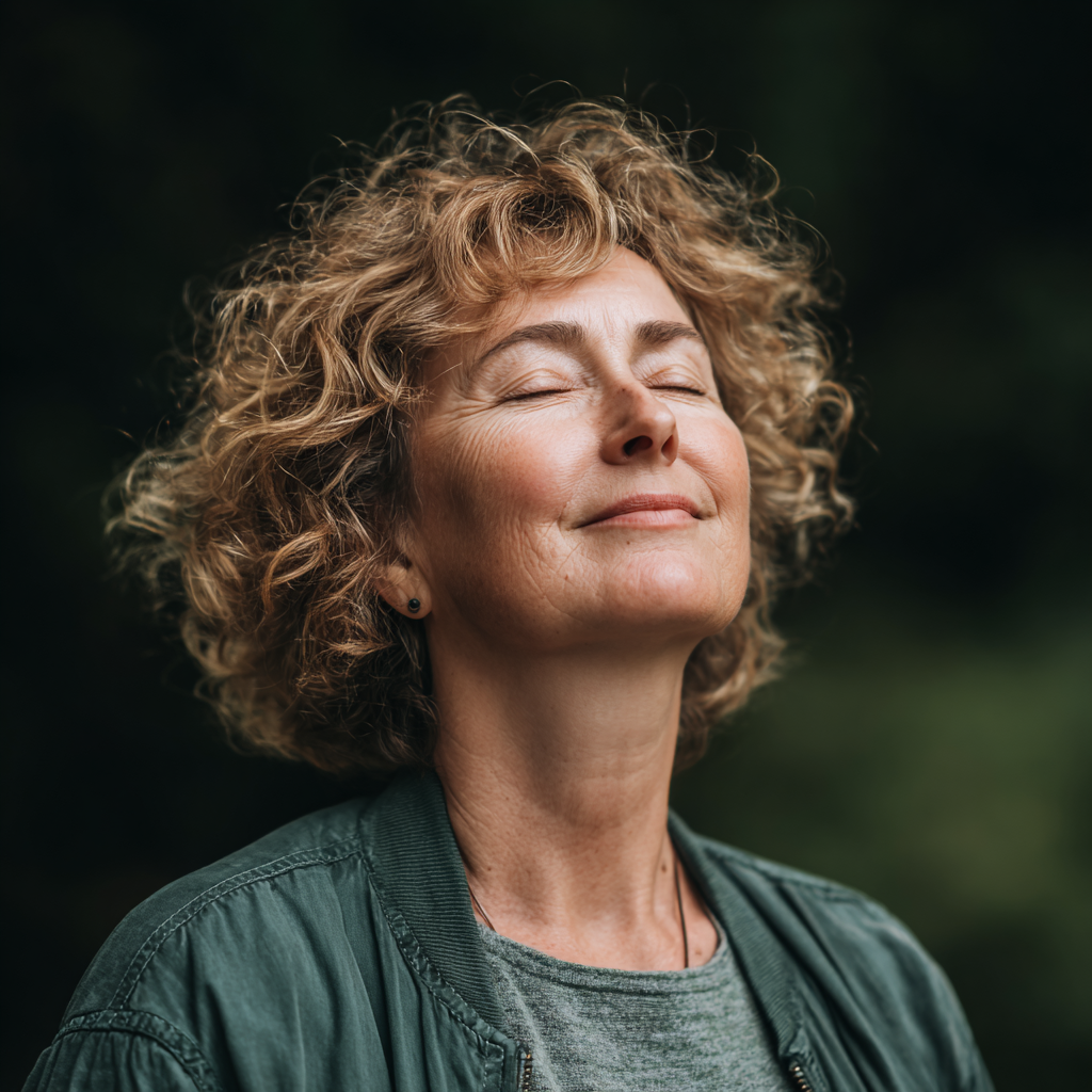 Smiling middle-aged Ukrainian woman practicing yoga in peaceful natural setting, wearing comfortable clothes, demonstrating healthy lifestyle