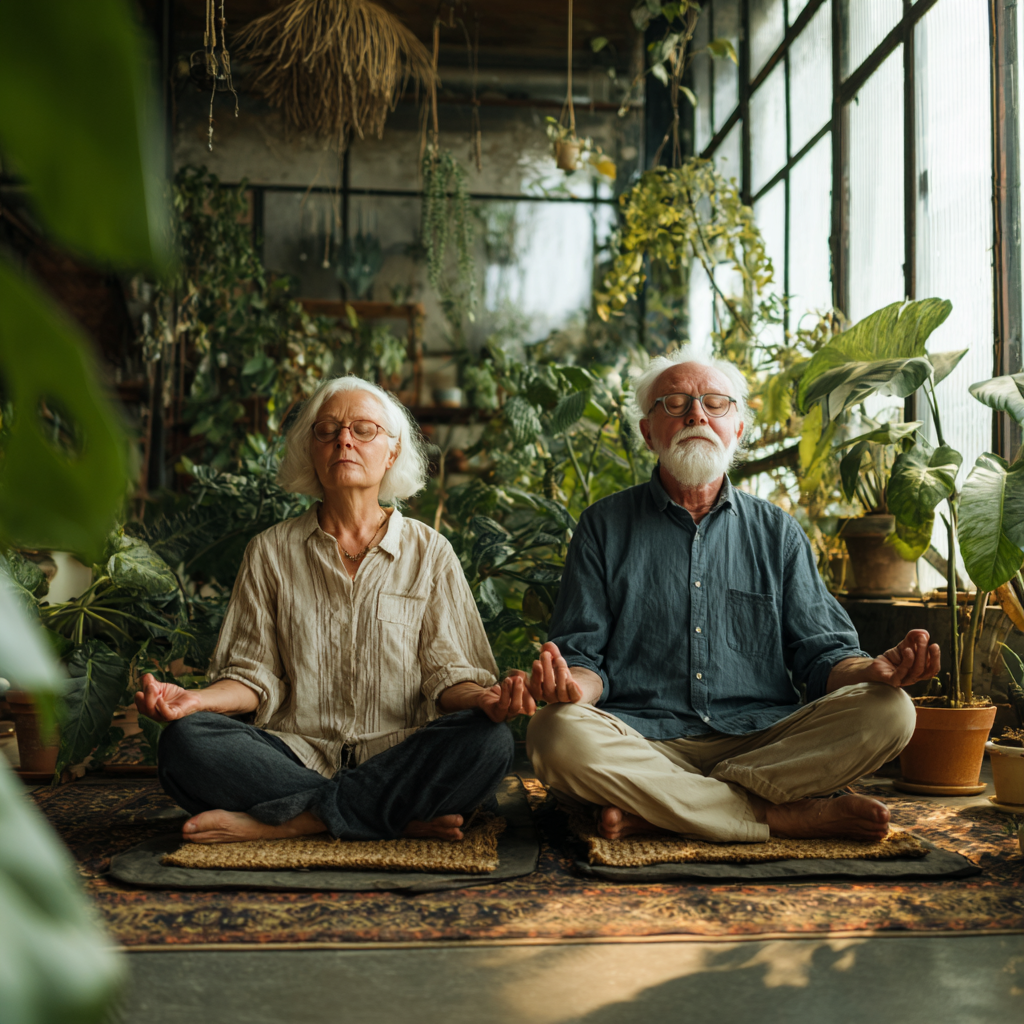 Group of Ukrainian adults of different ages practicing yoga together outdoors, showing community and wellness, natural lighting