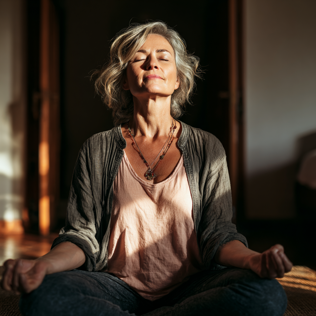 Diverse group of Ukrainian adults practicing yoga in a serene studio environment, showing peaceful expressions and healthy lifestyle